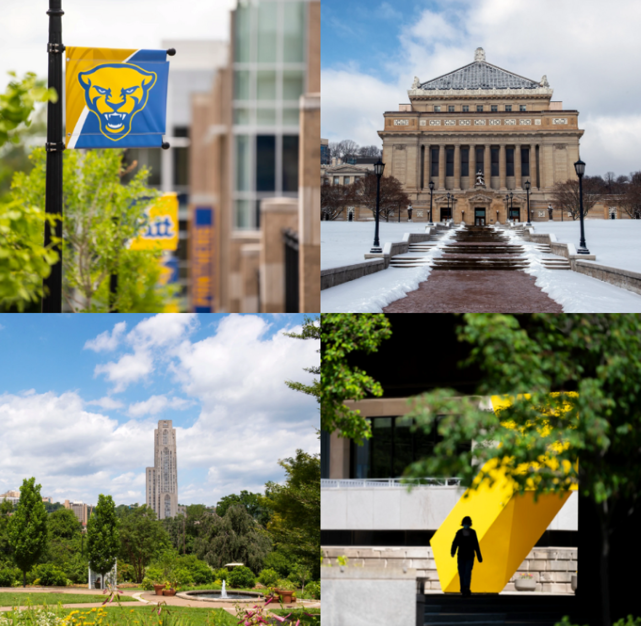 Pitt flags, Soldiers and Sailors, Cathedral of Learning, silhouette of a person walking